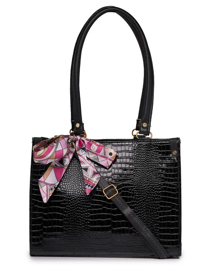 Elegant Black Croc-Textured Handbag with Chic Scarf Detail