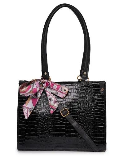 Elegant Black Croc-Textured Handbag with Chic Scarf Detail